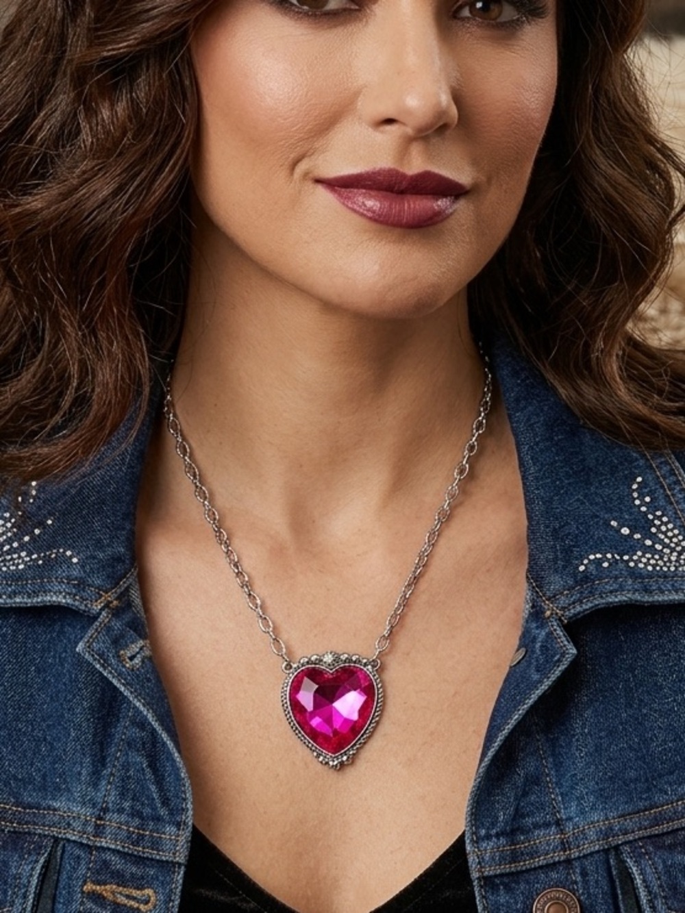 Hot Pink Bling Heart Necklace Country Western Coquette Cowgirl Rodeo Boho Glam